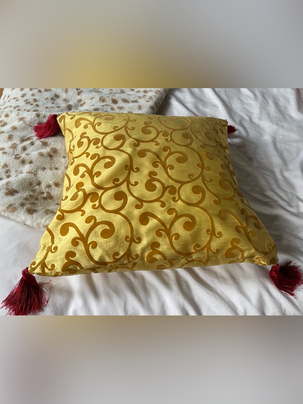Throw Pillow-yellow with pink tassels
